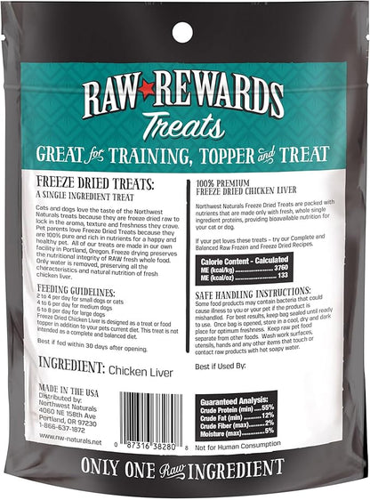 Northwest Naturals Raw Rewards Freeze-Dried Chicken Liver Treats for Dogs and Cats - Bite-Sized Pieces - Healthy, 1 Ingredient, Human Grade Pet Food, All Natural, Proudly Made in USA, 3 Oz (Pack of 1)