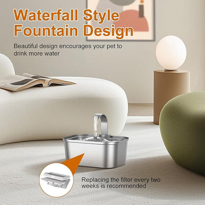 Bobo&Dragon Automatic Stainless Steel Cat Water Fountain Indoor with Quiet Pump & Built-in Filter - 124oz/3.5L Cat & Dog Water Dispenser, Easy Clean Waterfall Design Metal Dish Bowl