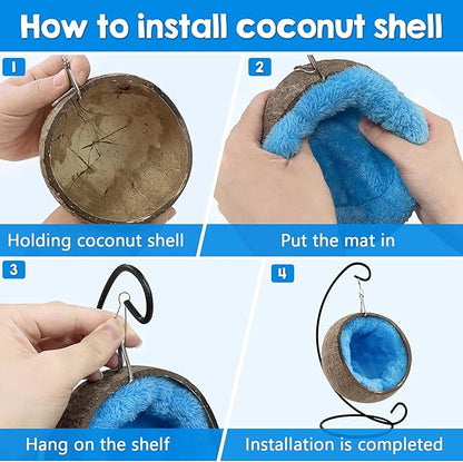 Ranslen Natural Coconut Hamster Hideout Hammock with Molar Toy Suspension Coconut Husk Hamster Bed House with Warm Pad Small Animal Guinea Pigs Habitat Decor Accessories Hanging Loop (Brown)