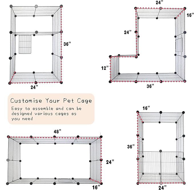 CHEGRON Guinea Pig Cages 8 Sq Ft Expandable C&C Cage Habitats for 2 Small Animal Pet Playpen Metal Grids Indoor Rabbit Fence Hedgehog Cage with PVC Bottom, 48 x 24 x 15.7 inch, 12 Panels