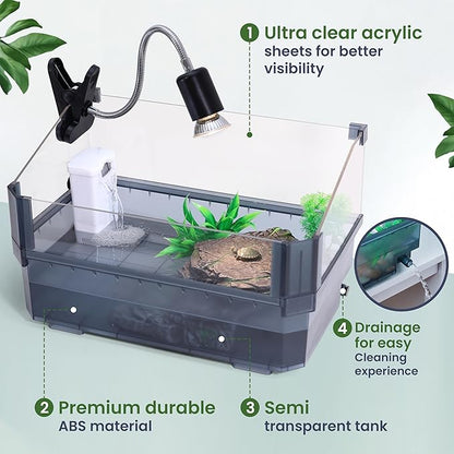 Small Turtle Tank Kit for Aquatic Turtles – Complete Starter Habitat with Filter, UVB Lamp, Basking Platform, Plants – Turtle Aquarium Kit (Black)