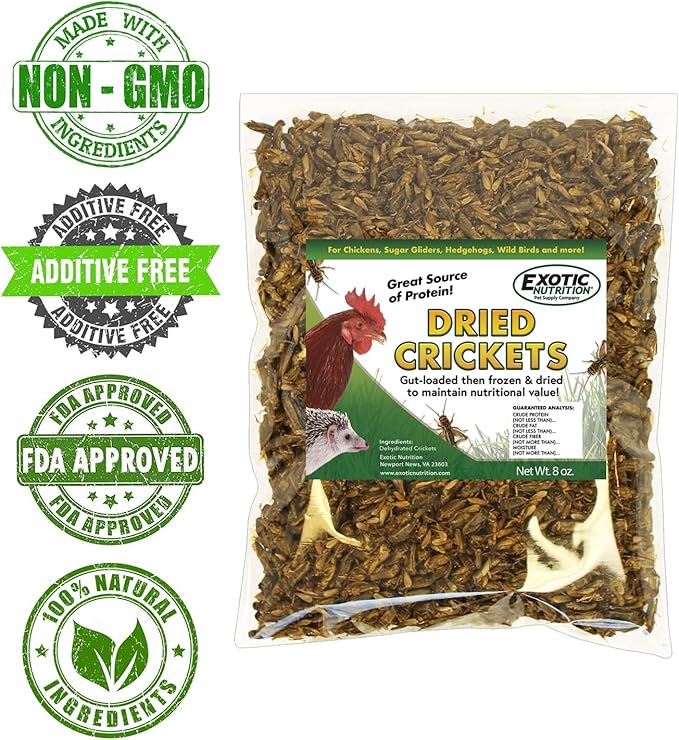 1.5 Pound Dried Crickets - High Protein Insect Treat - Chickens, Wild Birds, Hedgehogs, Bluebirds, Reptiles, Sugar Gliders, Opossums, Skunks, Lizards, Bearded Dragons, Fish, Turtles 8 oz. (3 Pack)