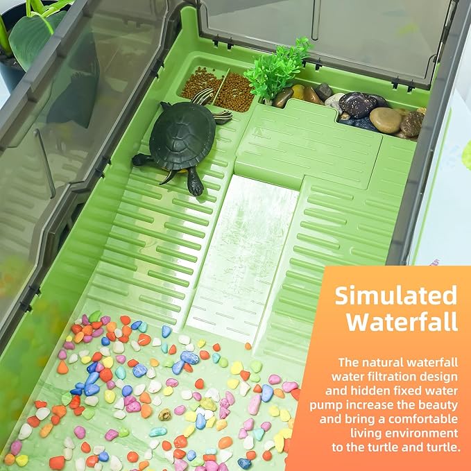 Turtle Habitat Tank Kit– Fresh Filtration, Waterplay Fun, Diverse Living, Heat Lamp, Water Pump and Convenient Water Changes in Turtle cage (Green, XL)