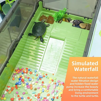 Turtle Habitat Tank Kit– Fresh Filtration, Waterplay Fun, Diverse Living, Heat Lamp, Water Pump and Convenient Water Changes in Turtle cage (Green, XL)