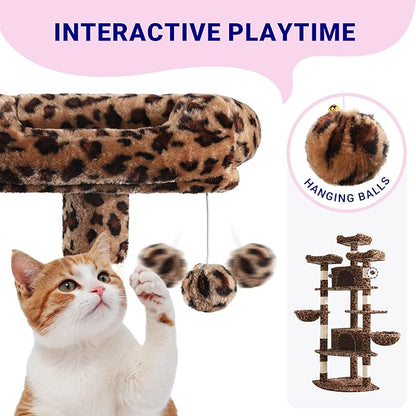 Allewie 73in Fan-Shaped Space-Saving Corner Cat Tower/Multi-Level Tall Cat Tree for Indoor Kitties/Cozy Baskets/Condos/House/Perches/Sisal Scratching Posts/Pet Activity Center/Leopard Print