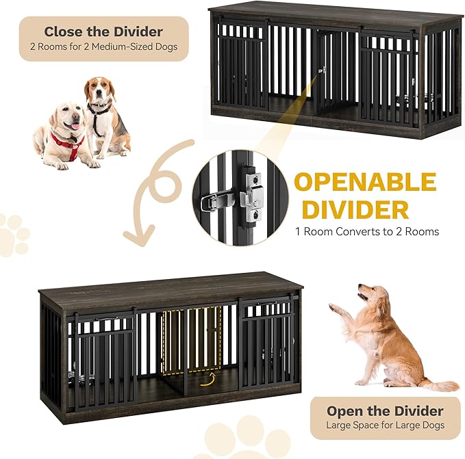 DWVO 71" Double Dog Crate Furniture for 2 Medium Dogs, Heavy Duty Wood Dual Dog Kennel TV Stand with Sliding Doors, Decorative Wooden 2 Dog Cage Table with Dog Bowls for Extra Large Dogs Black Oak