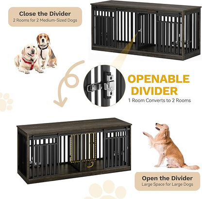 DWVO 71" Double Dog Crate Furniture for 2 Medium Dogs, Heavy Duty Wood Dual Dog Kennel TV Stand with Sliding Doors, Decorative Wooden 2 Dog Cage Table with Dog Bowls for Extra Large Dogs Black Oak