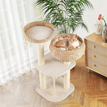 Tangkula Modern Cat Tree, Tall Cat Tower with Natural Sisal Scratching Post, Hand-Made Wicker Cat Condo & Top Perch, Funny Hanging Toy Ball, Cute Cat Tree Tower for Indoor Cats