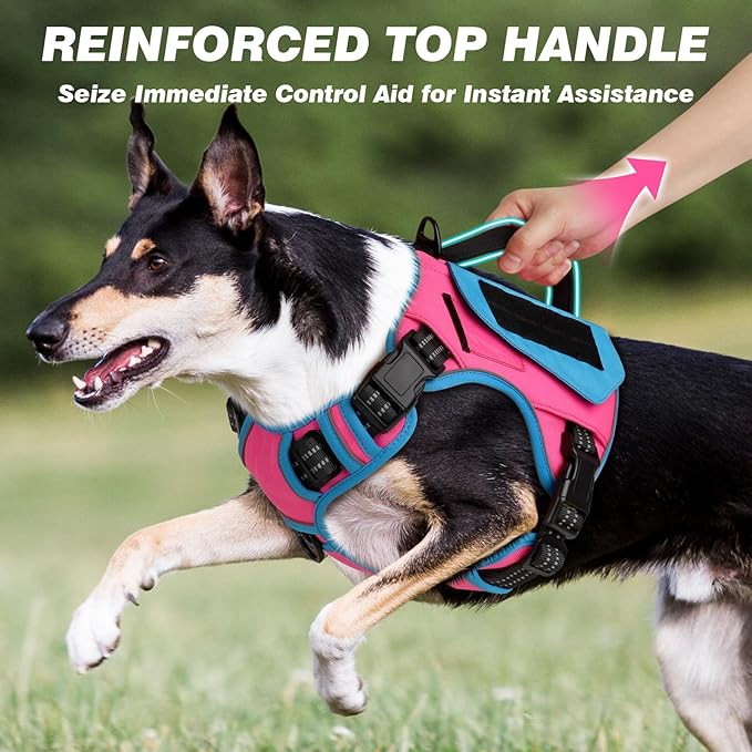 WINGOIN Tactical Dog Harness for Large Dogs, No Pull Harness with Handle Pockets Poop Bag, Reflective Dog Vest, Military Service Heavy Duty Big Dog Harness for Walking Hiking Training (Pink Blue, L)