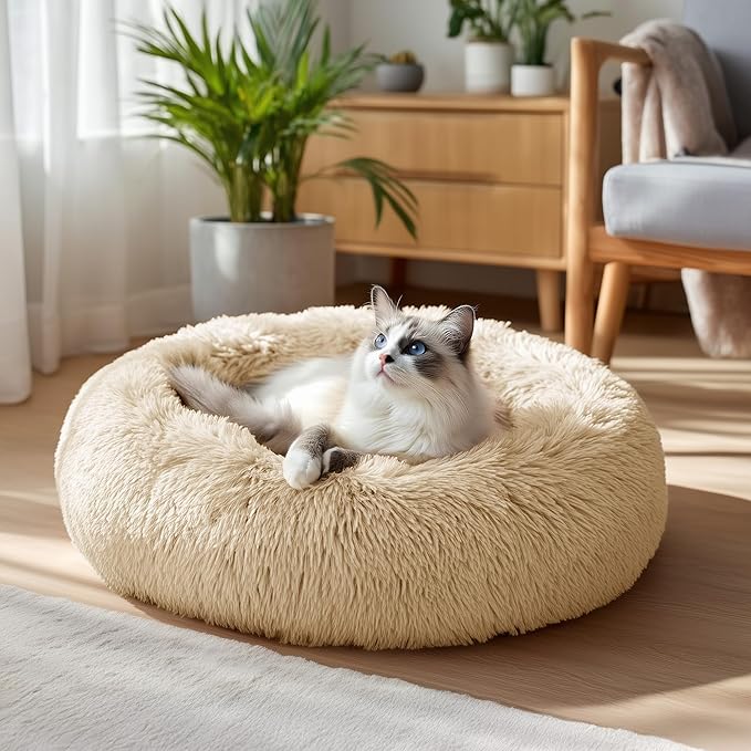 Deconovo Calming Donut Dog Bed, Washable Plush Round Pet Bed for Small Dogs & Cats with Raised Rim, Non-Slip Base and Soft Faux Fur—Lightweight, Easy-Care Design Beige 21" L x 21" W x 8" Th