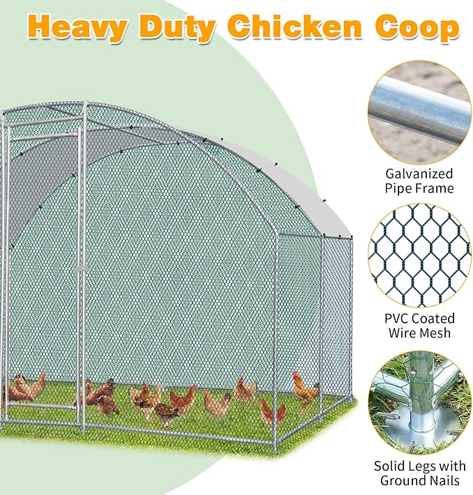 Outvita Large Metal Chicken Coop, 10×10FT Walk-in Poultry Cage with Waterproof & Anti-UV Round Arch Cover, Duck Rabbit Hen Cage Galvanized Mesh for Outdoor Yard Backyard and Farm
