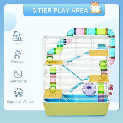 PawHut Extra Large 23" Hamster Cage with Tubes and Tunnels, Portable Carry Handles, Rat House and Habitats Big 5-Tier Design, Mouse Cage Includes Exercise Wheel, Water Bottle, Food Dish, Light Blue