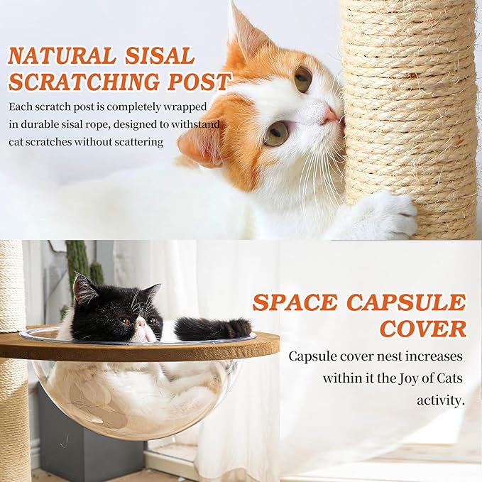 Big Cat Tree for Large Cats - Multi-Cat Tower with Natural Sisal & Handwoven Basket, Extra Sturdy Base, Breathable Perch - Rustic Wood Style Cat Furniture for Indoor Cats