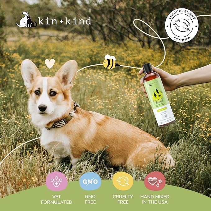 kin+kind Flea and Tick Shampoo for Dogs & Cats Vet Formulated - Plant Powered, Safe and Effective Dog and Cat Shampoo - Lemongrass Scent - Prevent Fleas and Ticks - Made in USA 12 fl oz