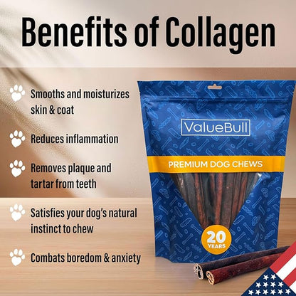 ValueBull USA Collagen Sticks for Dogs, 12 Inch Jumbo Chews, Natural Long-Lasting Dog Treats, 100 Count Bulk Pack - Promotes Joint, Skin & Coat Health with Glucosamine and Chondroitin