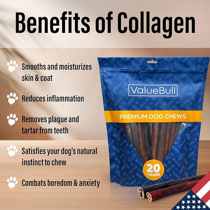 ValueBull USA Collagen Sticks for Dogs, 12 Inch Thick Chews, Natural Long-Lasting Dog Treats, 50 Count Bulk Pack - Promotes Joint, Skin & Coat Health with Glucosamine and Chondroitin