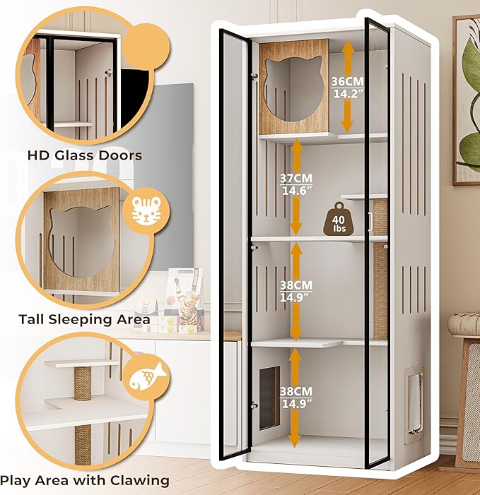 3-in-1 Cat Cabinet and TV Stand White Cat Climbing Furniture with Scratching Posts Pet Door, Modern Wooden Design with Storage and Drawer for Living Room