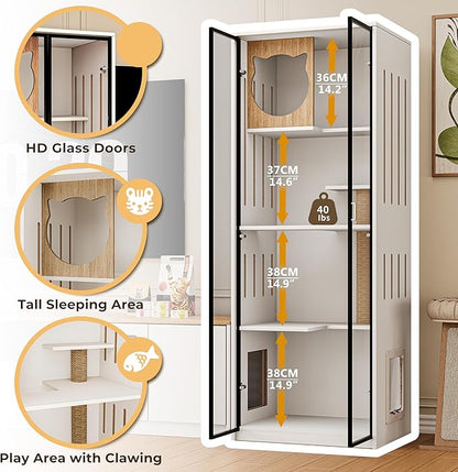 3-in-1 Cat Cabinet and TV Stand White Cat Climbing Furniture with Scratching Posts Pet Door, Modern Wooden Design with Storage and Drawer for Living Room