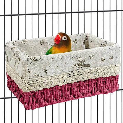 kathson Bird Nest Parrot House Birds Sleeping Bed Straw Weave All Season Hanging Hammock Bird Bed Snuggle Hut Birdcage Accessories for Parakeets Budgies Cockatiels Conures Quaker Parrot (Red)