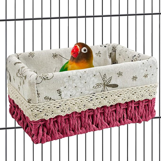 kathson Bird Nest Parrot House Birds Sleeping Bed Straw Weave All Season Hanging Hammock Bird Bed Snuggle Hut Birdcage Accessories for Parakeets Budgies Cockatiels Conures Quaker Parrot (Red)