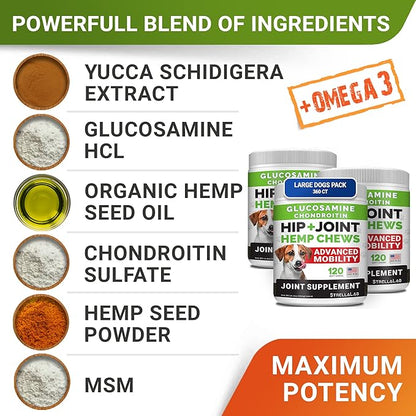 Large Breed Glucosamine Hemp Dog Joint Supplement - Hemp Chews for Dogs Hip Joint Pain Relief - Omega 3, Chondroitin, MSM - Advanced Mobility Hemp Oil Treats for Large Dogs - Made in USA - 360 Ct