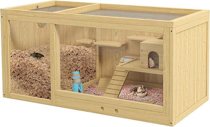 PawHut Wooden Hamster Cage, Extra Large Gerbil Cage, Multi-Layer Small Animal Cage for Dwarf Hamster, Activity Center with Pull-Out Tray, Seesaws, Water Bottle, Ladder, Openable Top