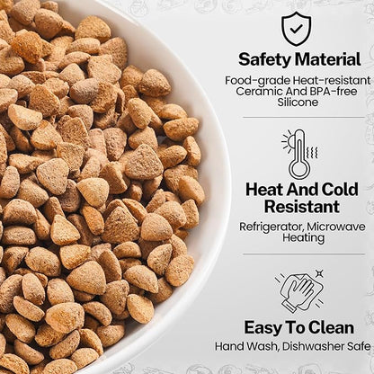 Cat Food Bowls, Whisker Friendly Ceramic Cat Bowls with Nonslip Silicone Bottom, Pack of 3 Quiet Cat Dishes and Plates for Feeding Indoor Cats, Kittens and Small Dogs(Fishbone)