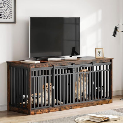DWVO 71" Double Dog Crate Furniture for 2 Medium Dogs, Heavy Duty Wood Dual Dog Kennel TV Stand with Sliding Doors, Decorative Wooden 2 Dog Cage Table with Dog Bowls for Extra Large Dogs Rustic Brown