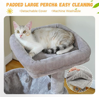 PAWZ Road Large Cat Tree, 41 Inches Multi-Level Cat Tower with 2 Spacious Condos for Indoor Cats, Large Cat House with Comfy Hammock, Padded Perch, Scratching Pad and Replaceable Balls-Gray