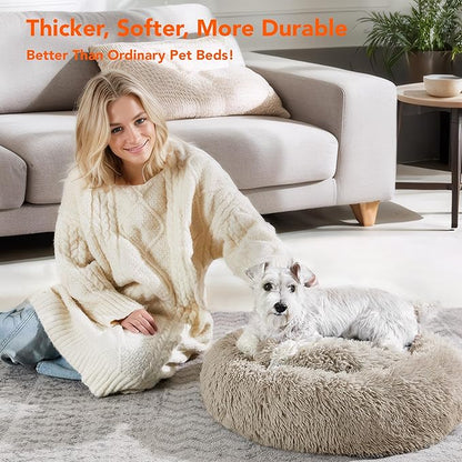 Deconovo Calming Donut Dog Bed, Washable Plush Round Pet Bed for Small Dogs & Cats with Raised Rim, Non-Slip Base and Soft Faux Fur—Lightweight, Easy-Care Design Camel 37" L x 37" W x 8" Th