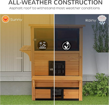 PawHut 3-Story Cat House Feral Cat Shelter, Outdoor Kitten Condo with Raised Floor, Asphalt Roof, Escape Doors, Jumping Platforms, Yellow