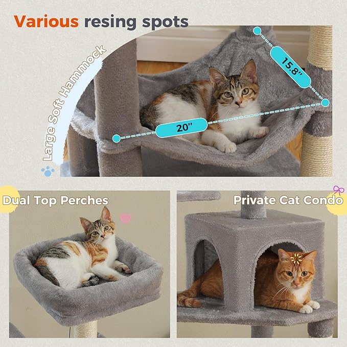 PEQULTI 56.3'' Cat Tree for Indoor Cats, Multi-Level Cat Tower with 2 Top Perch. Cat Condo, Hammock and Sisal-Covered Scratching Post, Grey