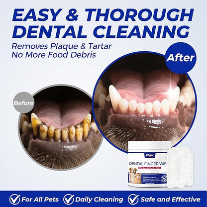 Wellix 100 Count Dog Teeth Cleaning Wipes for Dogs & Cats - Natural Formula Dental Care Finger Wipes Reduces Dog Plaque, Tartar & Bad Breath - No-Rinse Disposable Dog Dental Wipes