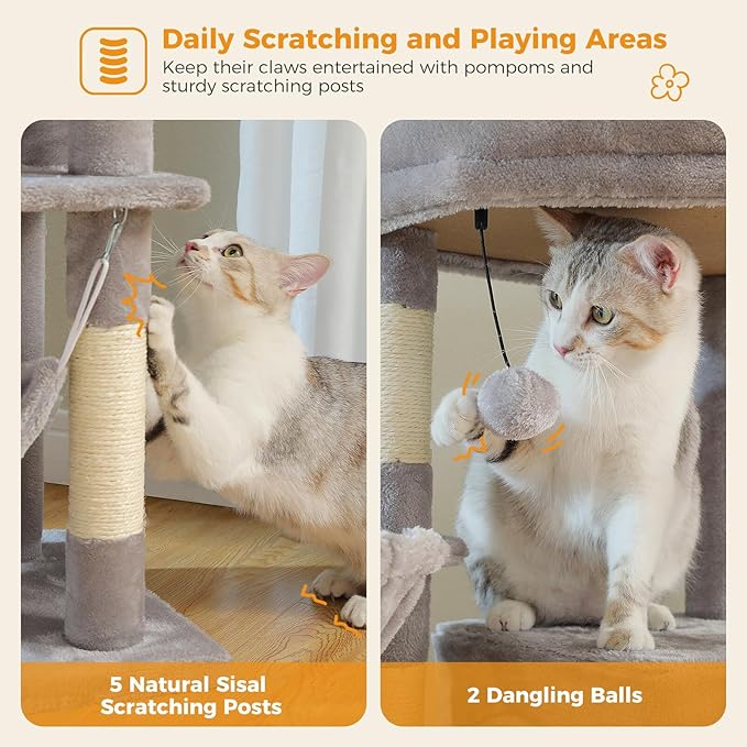 Tall Cat Tree for Indoor Cats Large Adult, 71.2" Multi-Level Cat Tower with 2 Spacious Condos, 3 Hammocks, Super Large Top Perch, 2 Pompoms, Grey