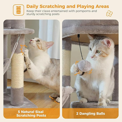 Tall Cat Tree for Indoor Cats Large Adult, 71.2" Multi-Level Cat Tower with 2 Spacious Condos, 3 Hammocks, Super Large Top Perch, 2 Pompoms, Grey