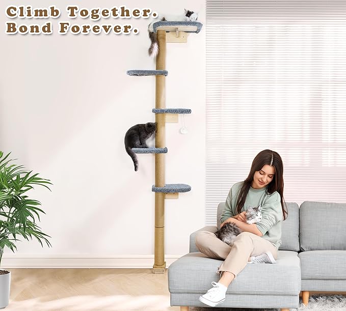 Cat Wall Shelves for Kittens, 83” Floor to Ceiling Cat Tree with Grey Plush Pads, Adjustable Wild Simulation Climbing Tree, Wall-Mounted Cat Tower with Scratching Post for Play, Climb & Scratching