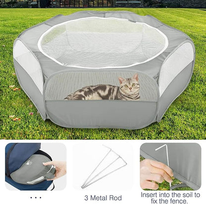 Pawaboo Small Animals Playpen, Waterproof Small Pet Cage Tent with Zippered Cover, Portable Outdoor Yard Fence with 3 Metal Rod for Chick/Kitten/Puppy/Guinea Pig/Rabbits/Hamster/Chinchillas,Light Gray