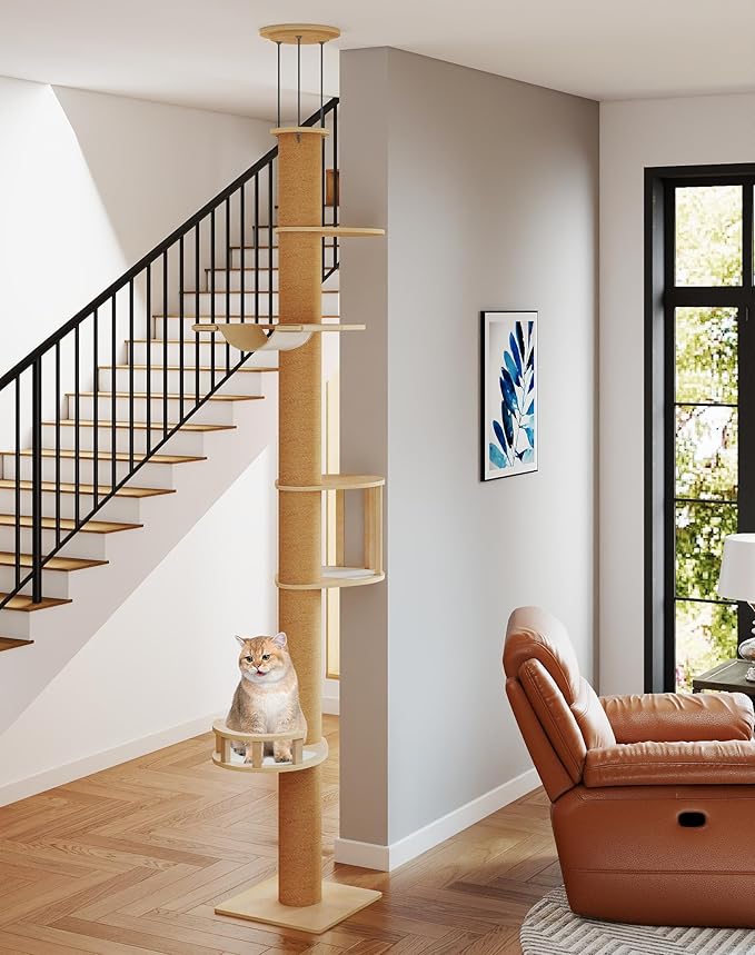 COZIWOW Floor-to-Ceiling Cat Tree, Adjustable (89-112 inches), Sturdy 5-Tier Tower for Large Cats. Features 5.5" Scratching Posts, Hammock, Platforms. Saves Space, enriches Indoor Play.