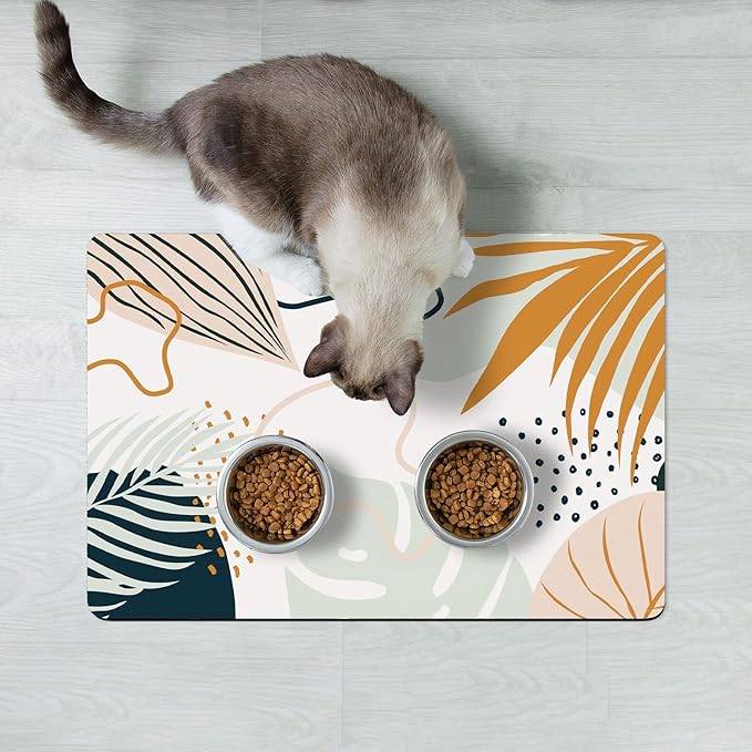 Rnivvi Dog Food Mat, 12" x 19" Boho Absorbent Dog Cat Bowl Mat for Food and Water, 3MM Anti-Slip Rubber Pet Feeding Rug Protect Floors, Puppy Placemat for Feeding & Watering Supplies, Tropical Leaves