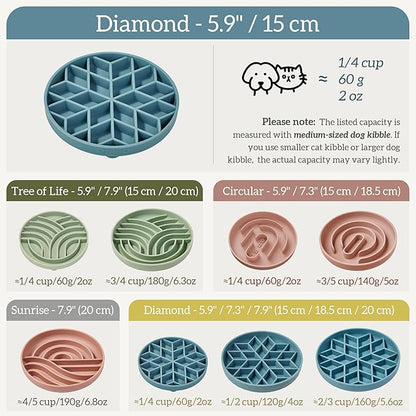 OHMO Slow Feeder Dog& Cat Bowl, Silicone Puppy Cat Food Bowl with Anti-Slip Suction Cup Slow Down Small Dogs Eating, Anti Choking (S-Diamond,Light Blue)