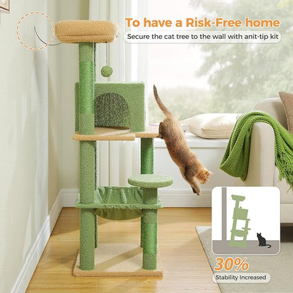 PEQULTI 45.7'' Cactus Cat Tree for Indoor Cats with Metal Frame Big Hammock, Cat Tower for Small or Medium Cats with Cat Condo House, with Scratching Posts and Top Perch, Green