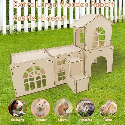 YUEPET Extra Large Wooden Bunny Castle, Ventilated Rabbit Castle Hideaway with Stairs, Detachable Small Animal Hideout & Habitats for Indoor Outdoor Dwarf Rabbits Bunnies to Hide & Play
