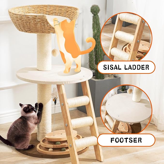 Natural Wood Modern Cat Tree with Top Cats Bed, Unique Cute Cats Furniture Activity Centre with Sisal Rope Scratching Posts, Cats Tower Condo with Interactive Cat Toy Tree