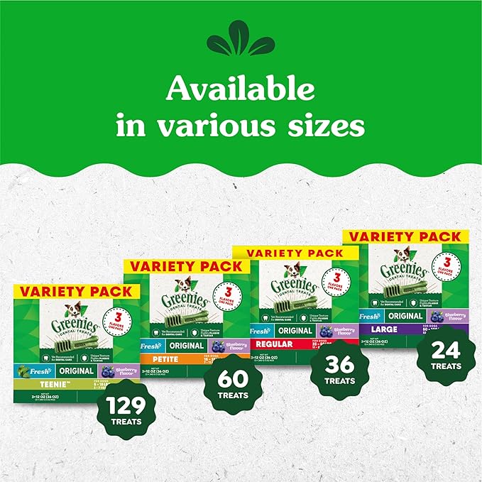 Greenies Large Dental Dog Treats, 3-Flavor Variety Pack, (3) 12 oz. Pouches, (24 Treats)
