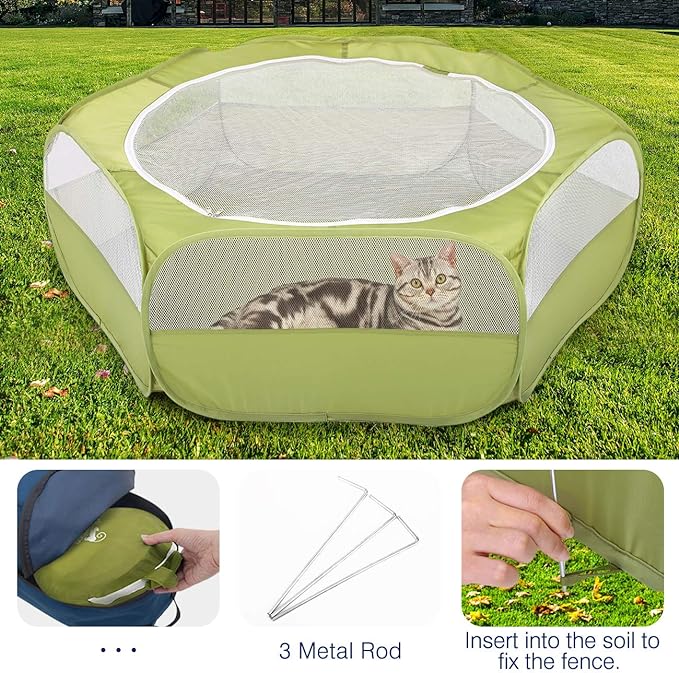 Pawaboo Small Animals Playpen, Waterproof Small Pet Cage Tent with Zippered Cover, Portable Outdoor Yard Fence with 3 Metal Rod for Chick/Kitten/Puppy/Guinea Pig/Rabbits/Hamster/Chinchillas,Green