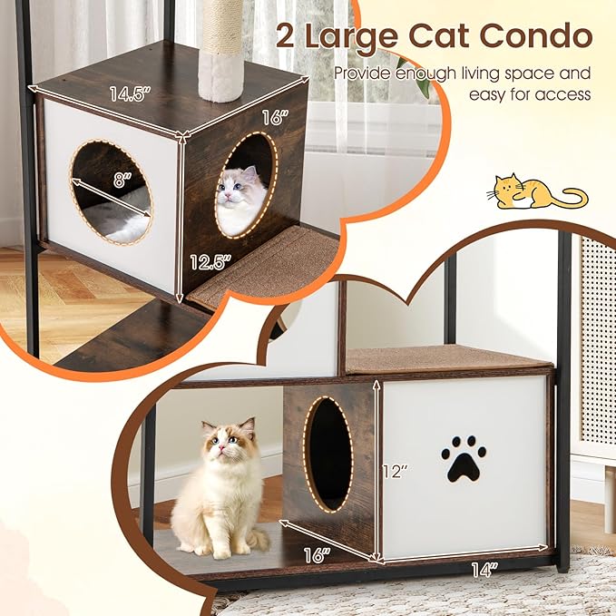 Tangkula Modern Cat Tree, 52 Inch Multi-Level Cat Tower with Metal Frame, 2 Wooden Condos, Sisal Scratching Posts, Detachable Cushion & Mats, Dangling Balls, Space Capsule Nest for Indoor Cats