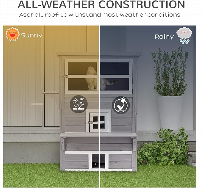 PawHut 3-Story Cat House Feral Cat Shelter, Outdoor Kitten Condo with Raised Floor, Asphalt Roof, Escape Doors, Jumping Platforms, Gray
