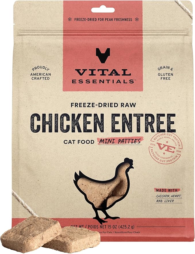 Vital Essentials Freeze Dried Raw Cat Food, Chicken Mini Patties Entree, 15 oz