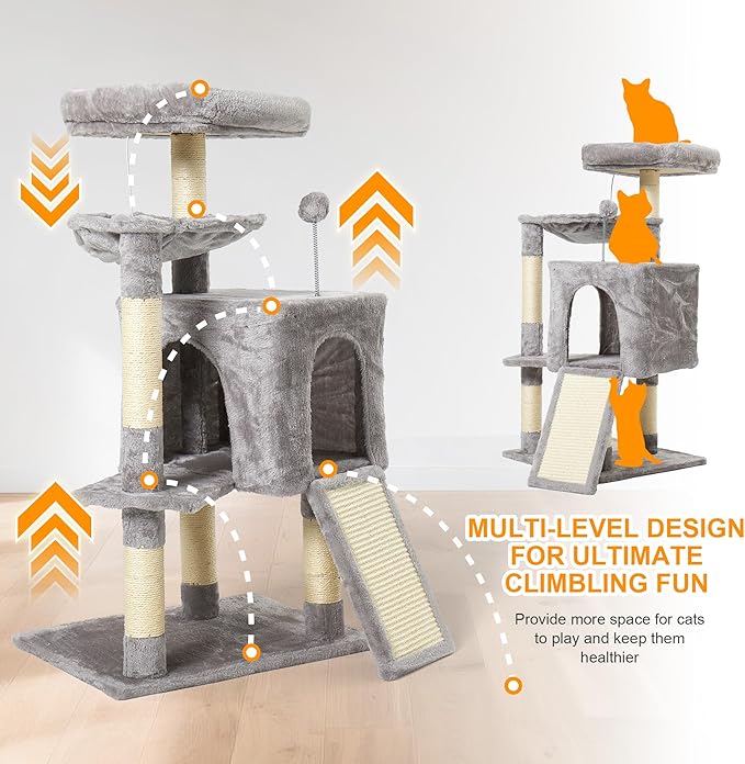 37-inch Cat Tree Tower with Multi-Level Cat Condo, Scratching Posts,2-Door Cat Cave,Light Grey