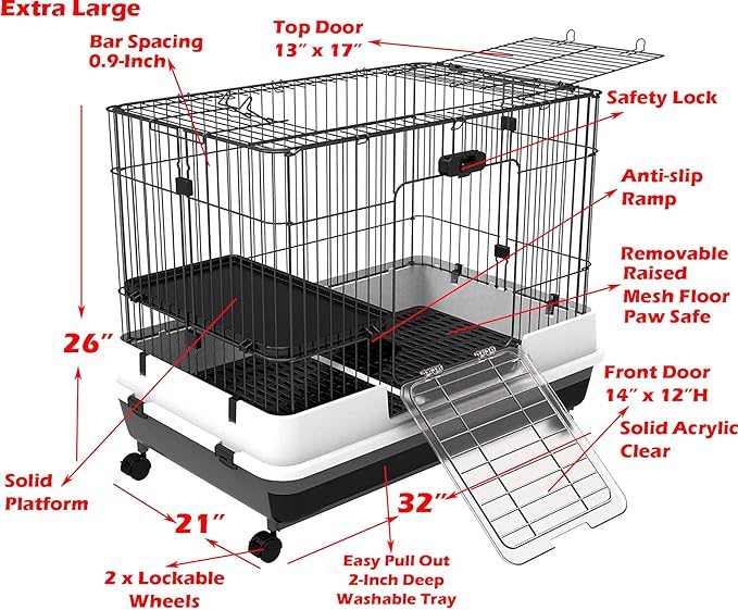 X-Large Deluxe in/Outdoor Guinea Pig Chinchilla Ferret Squirrel Hedgehog Kitten Rabbit Bunny Hutch House Critters Home Habitat Paw Safe Bottom Mesh Floor Pull Out Easy Clean Tray Lockable Casters